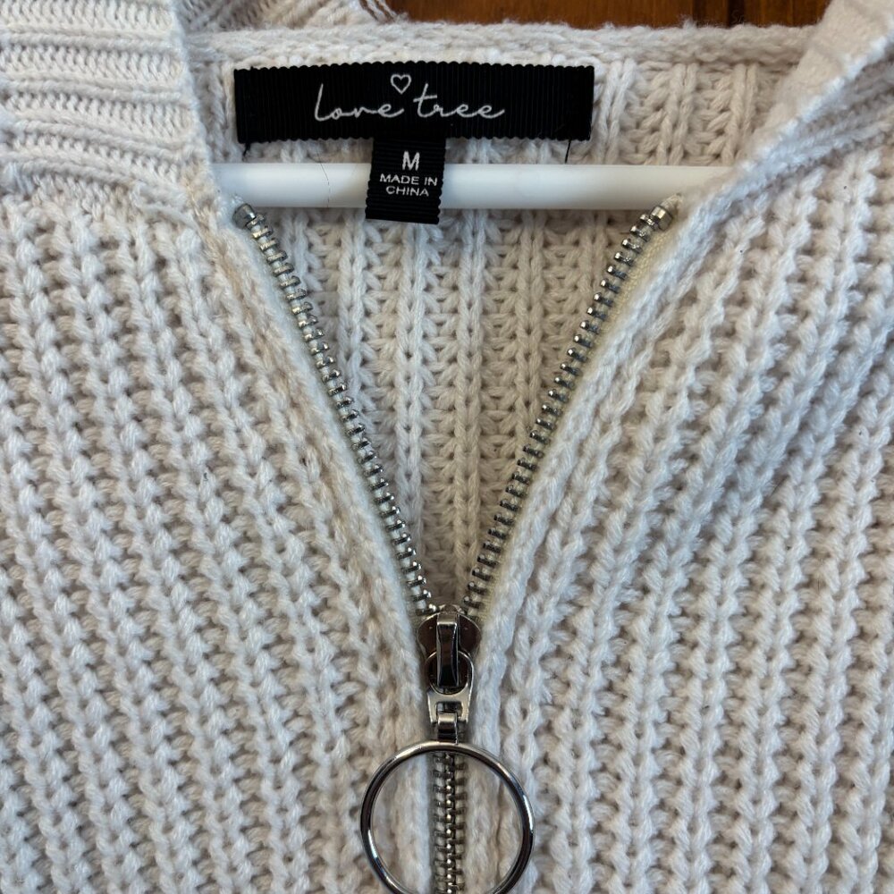 Love Tree Distressed Acrylic Crop Knit Hoodie in White - Picture 2 of 9